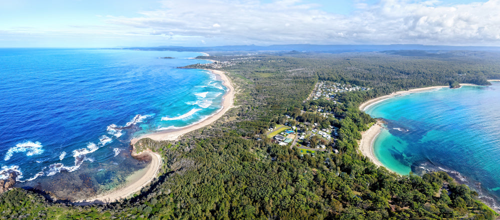 Aerial view of the turquoise bays either side of Bendalong, New South Wales - fine art photography print by Adam Gormley
