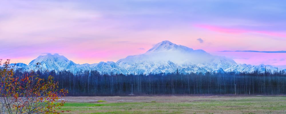 Pink and lilac sunset clouds over the snowy summit of Denali, Alaska - fine art photography print by Adam Gormley