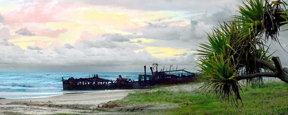 Pandanus framing the Maheno shipwreck under a pastel sky, K'gari (Fraser Island), Queensland - fine art photography print by Adam Gormley