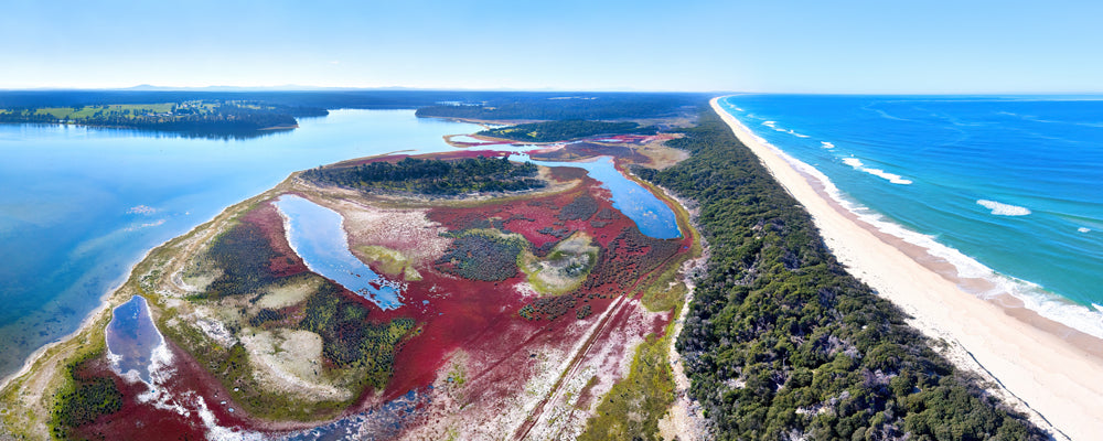 Aerial view of red saltmarsh between the Gippsland Lakes and Ninety Mile Beach, Victoria - fine art photography print by Adam Gormley