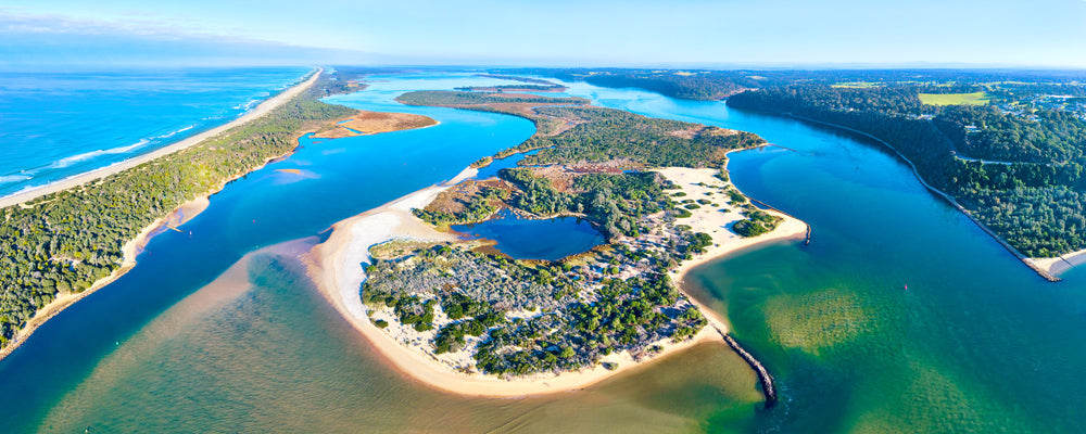 Aerial view of islands and channels of the Gippsland Lakes near Nyerimilang, Victoria - fine art photography print by Adam Gormley