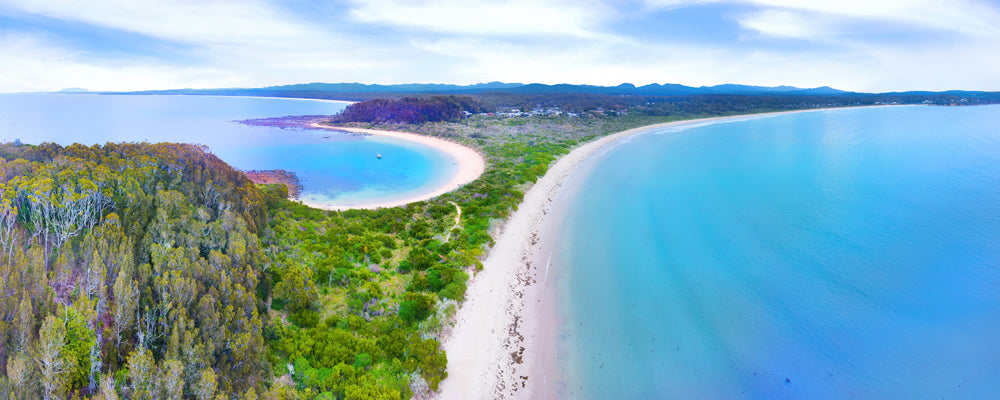 Aerial view of Broulee Island and its long white beach, New South Wales - fine art photography print by Adam Gormley