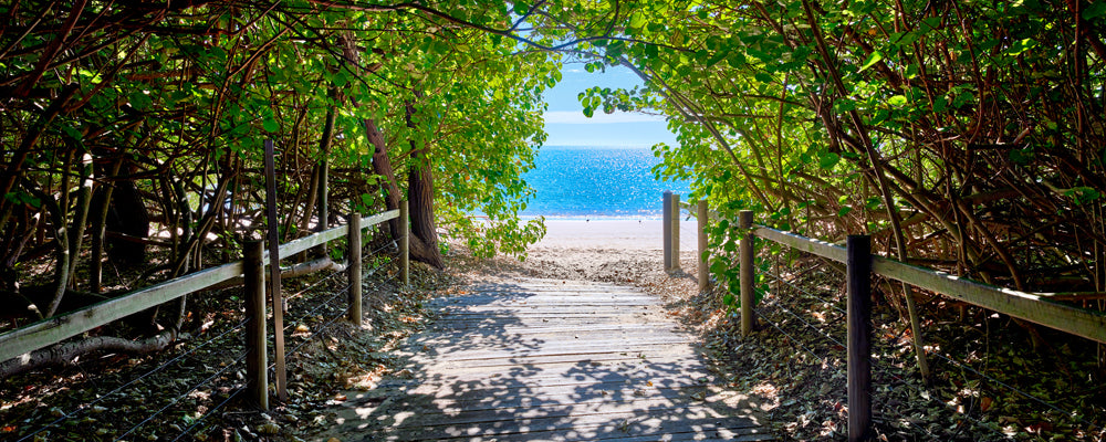 Shady boardwalk opening onto blue water at Burrum Heads, Queensland - fine art photography print by Adam Gormley