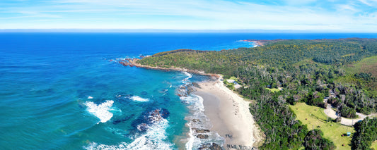 Aerial view of the beach and coastal forest at Cape Conran, East Gippsland, Victoria - fine art photography print by Adam Gormley