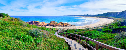 Boardwalk through coastal heath to Salmon Rocks, Cape Conran, Victoria - fine art photography print by Adam Gormley