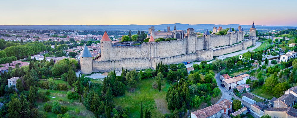 Aerial view of the medieval walls and towers of Carcassonne, France - fine art photography print by Adam Gormley