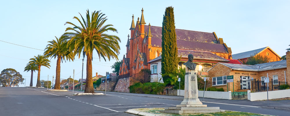Palms and a gothic brick church on a street corner in Castlemaine, Victoria - fine art photography print by Adam Gormley