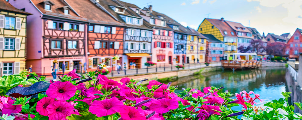 Pink flowers framing colourful canal houses in Little Venice, Colmar, France - fine art photography print by Adam Gormley