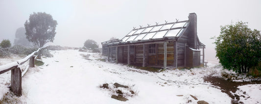 Craig's Hut in fog and fresh snow, Victorian High Country - fine art photography print by Adam Gormley