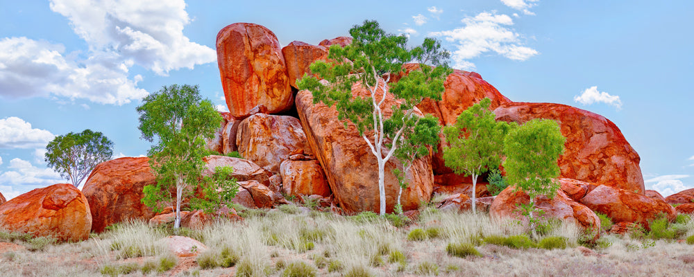 Stack of red granite boulders with gum trees at Karlu Karlu (Devils Marbles), Northern Territory - fine art photography print by Adam Gormley