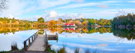 Timber jetty and autumn reflections on Lake Daylesford, Victoria - fine art photography print by Adam Gormley