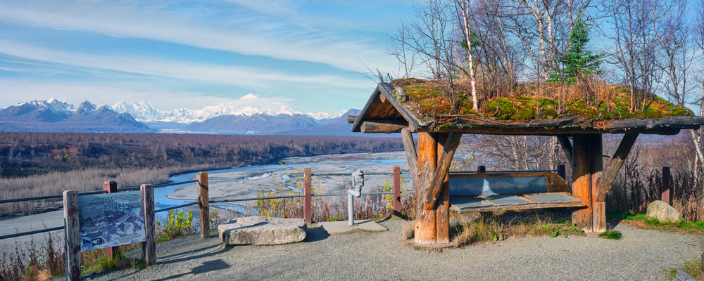Sod-roofed lookout facing the Alaska Range and Denali across a river valley, Alaska - fine art photography print by Adam Gormley