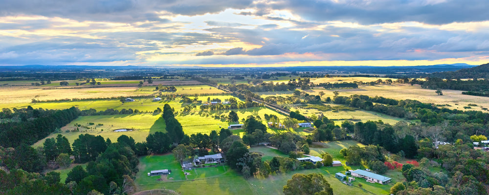 Aerial view of Gippsland farmland at sunset, Victoria - fine art photography print by Adam Gormley
