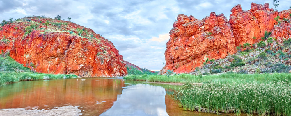 Red walls of Glen Helen Gorge reflected in the Finke River, Northern Territory - fine art photography print by Adam Gormley