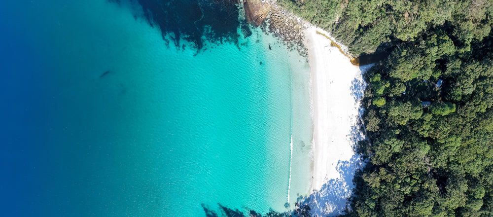 Top-down view of turquoise water, white sand and forest at Greenfield Beach, New South Wales - fine art photography print by Adam Gormley