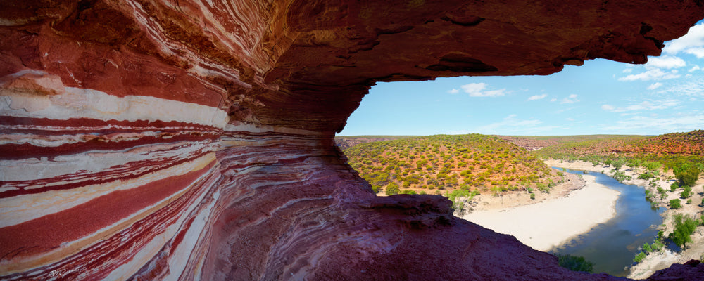 Striped red and white sandstone overhang above the Murchison River, Kalbarri National Park, Western Australia - fine art photography print by Adam Gormley