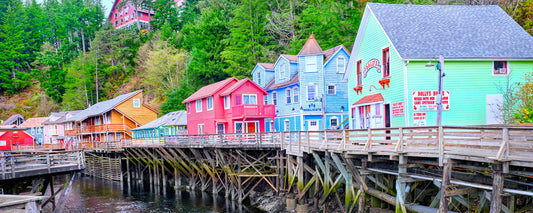 Colourful timber houses on stilts along Creek Street, Ketchikan, Alaska - fine art photography print by Adam Gormley