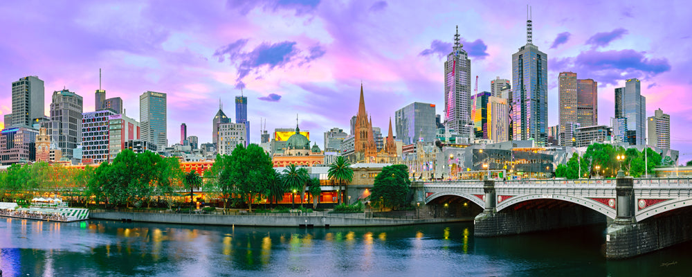 Pink sunset over the Melbourne skyline and Princes Bridge on the Yarra River, Victoria - fine art photography print by Adam Gormley