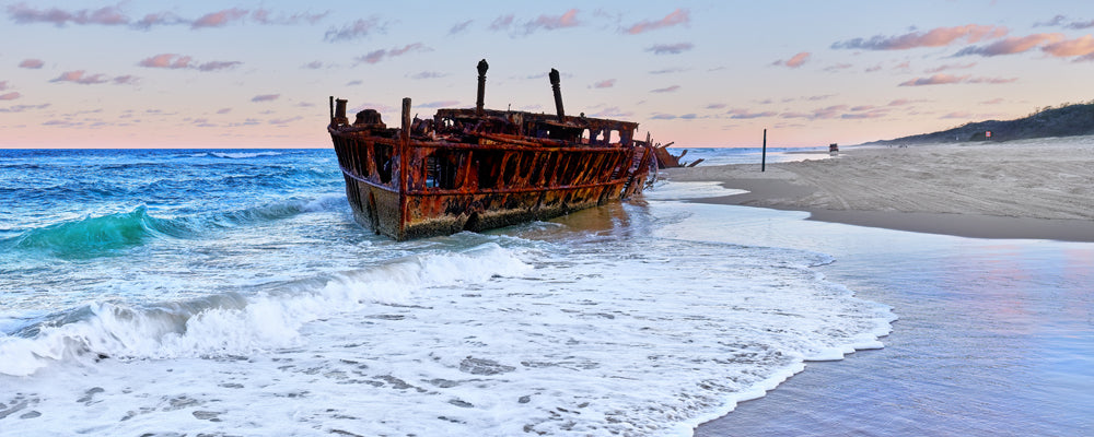 Waves around the rusting hull of the SS Maheno shipwreck, K'gari (Fraser Island), Queensland - fine art photography print by Adam Gormley