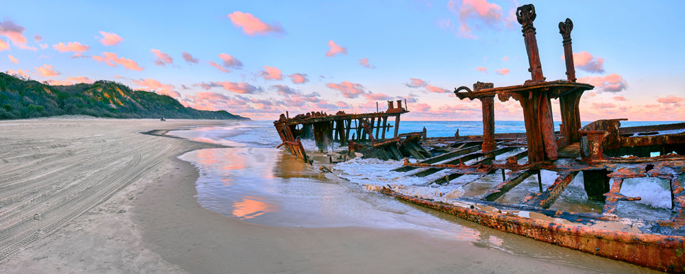 Maheno shipwreck looking south along 75 Mile Beach, K'gari (Fraser Island), Queensland - fine art photography print by Adam Gormley