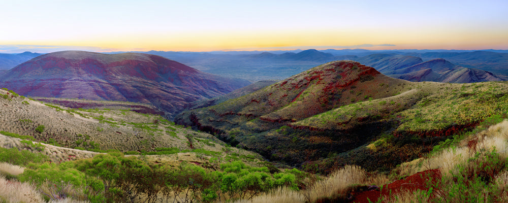 Hills of the Hamersley Range at dawn from Mount Nameless, Tom Price, Pilbara, Western Australia - fine art photography print by Adam Gormley