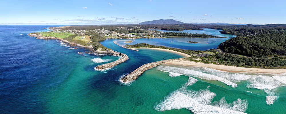 Aerial view of Narooma inlet and breakwalls, New South Wales - fine art photography print by Adam Gormley