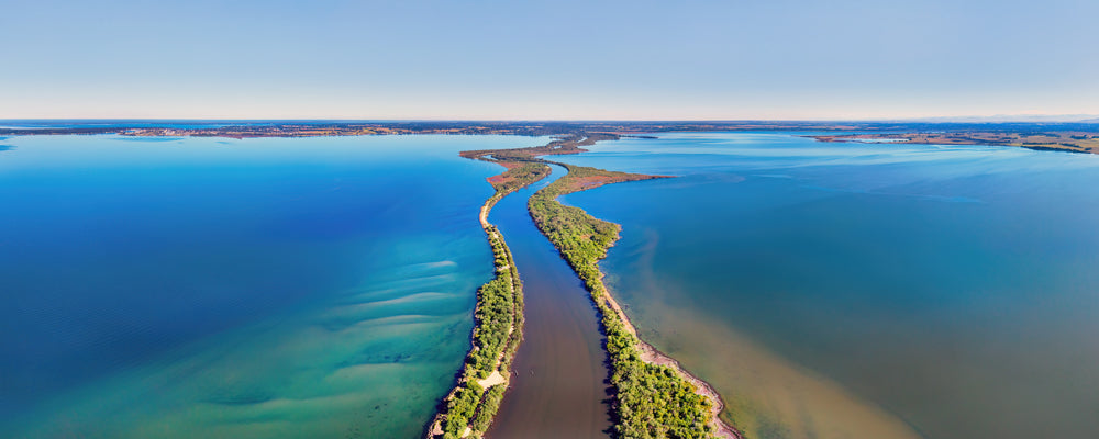 Aerial view of the Mitchell River silt jetties in Lake King, Gippsland Lakes, Victoria - fine art photography print by Adam Gormley