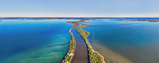Aerial view of the Mitchell River silt jetties in Lake King, Gippsland Lakes, Victoria - fine art photography print by Adam Gormley