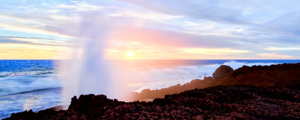 Sunset through the spray of the Quobba Blowholes near Carnarvon, Western Australia - fine art photography print by Adam Gormley