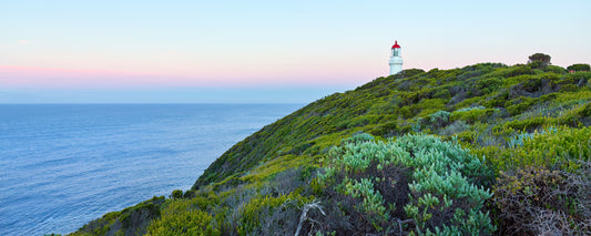 Cape Schanck lighthouse on a green headland under a pastel sky, Victoria - fine art photography print by Adam Gormley