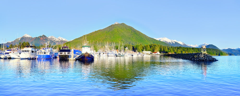 Boats in Sitka harbour with mountains reflected in the water, Alaska - fine art photography print by Adam Gormley