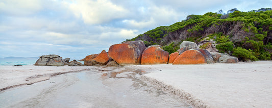 Orange granite boulders on white sand at Squeaky Beach, Wilsons Promontory, Victoria - fine art photography print by Adam Gormley