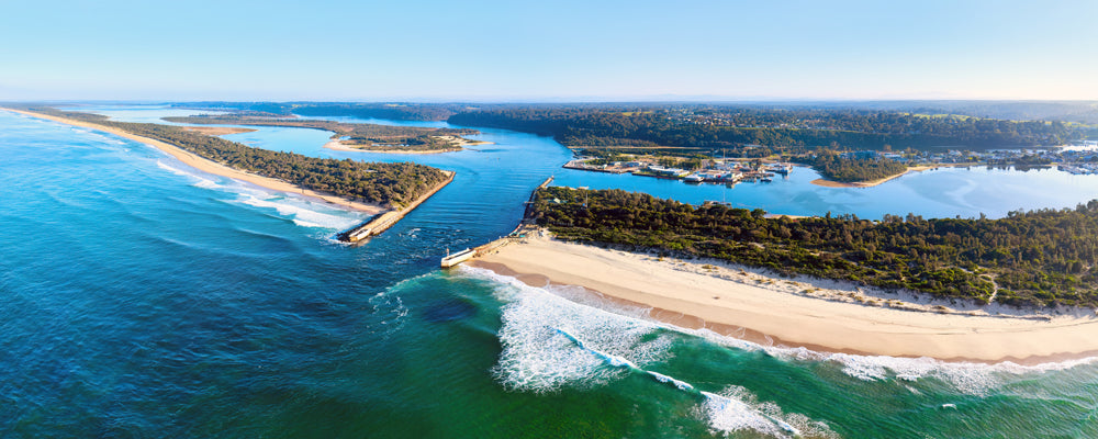 Aerial view of the entrance channel at Lakes Entrance, Victoria - fine art photography print by Adam Gormley