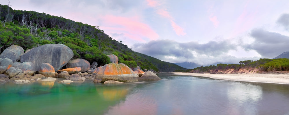 Pink pastel sky over granite boulders at Tidal River, Wilsons Promontory, Victoria - fine art photography print by Adam Gormley