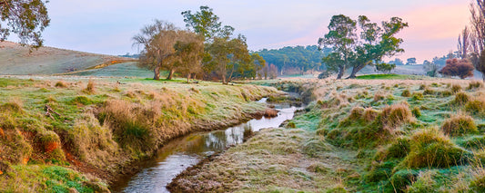 Frost on the banks of a winding creek on a winter morning, country Victoria - fine art photography print by Adam Gormley