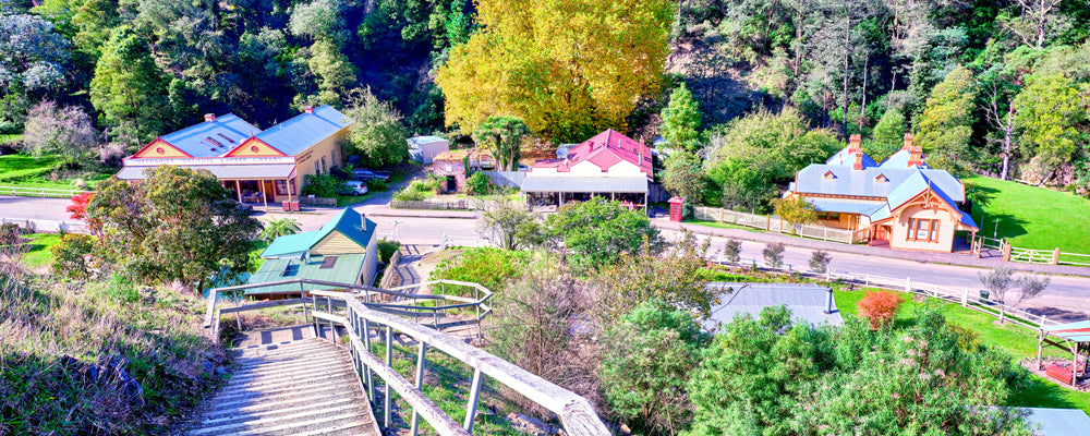 Heritage buildings in the forested valley of Walhalla, Gippsland, Victoria - fine art photography print by Adam Gormley