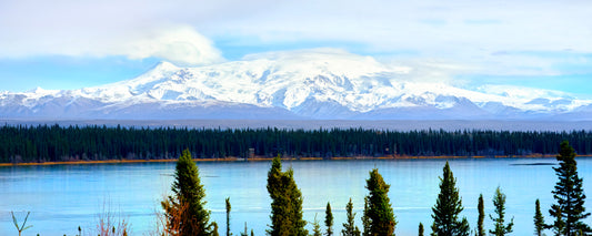 Mount Wrangell rising above the blue water of Willow Lake, Alaska - fine art photography print by Adam Gormley